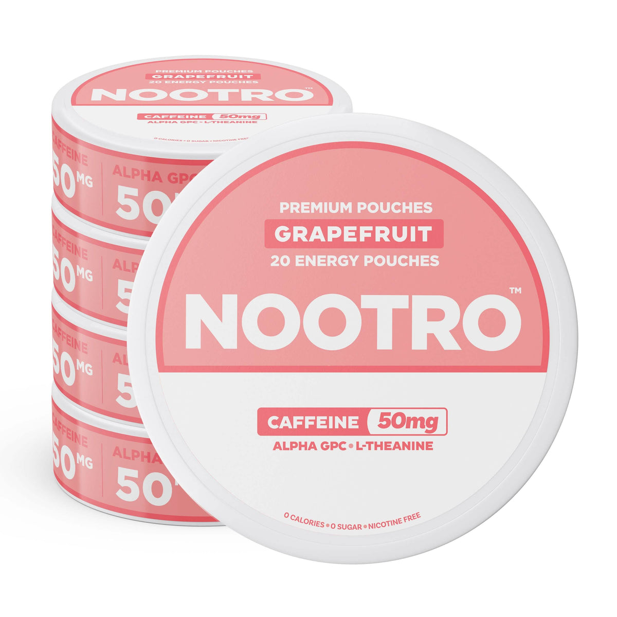 A stack of Nootro premium grapefruit energy pouches with the front container lid prominently displayed, showing pink and white packaging with text including 'GRAPEFRUIT', '20 Energy Pouches', and 'Caffeine 50mg'.