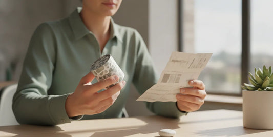 An adult reviewing an oral pouch container and its ingredient label at a desk
