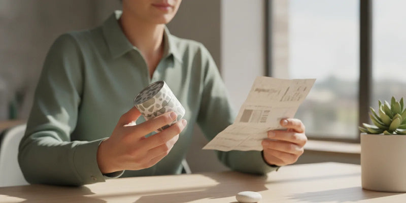 An adult reviewing an oral pouch container and its ingredient label at a desk