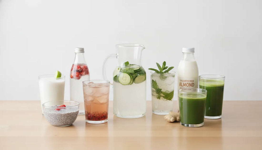 Alternatives to water for hydration, including almond milk, green juice, chia pudding, and infused water.