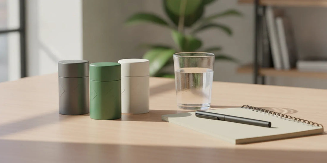 Caffeine pouch cans arranged beside a desk notebook and water glass