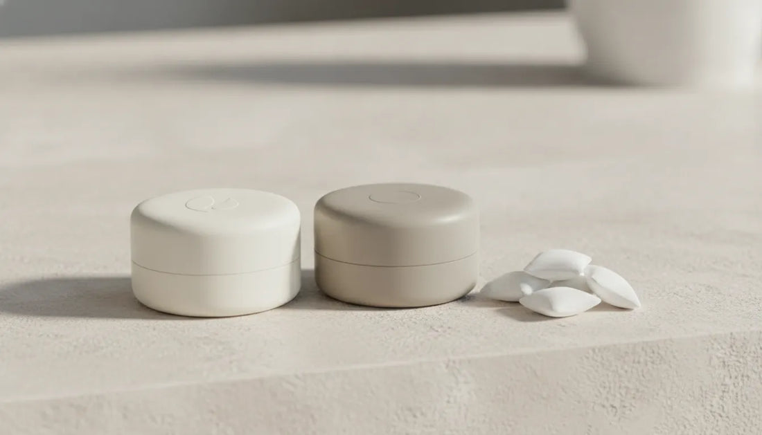 Two plain oral pouch tins and several white pouches on a light stone counter