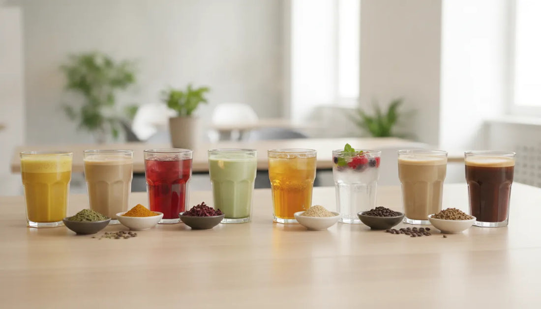 Eight healthy caffeine alternatives in glasses, including matcha, herbal tea, golden milk, and coffee substitutes.