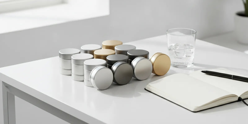 Unbranded pouch cans arranged beside a notebook and glass of water on a bright desk
