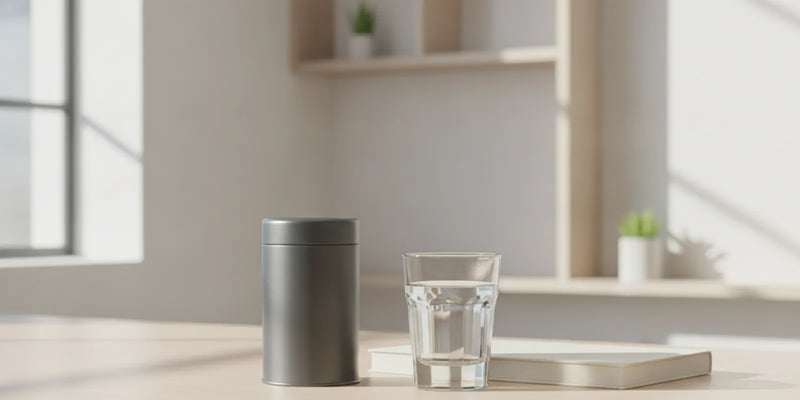 An unbranded pouch can beside a notebook on a tidy desk