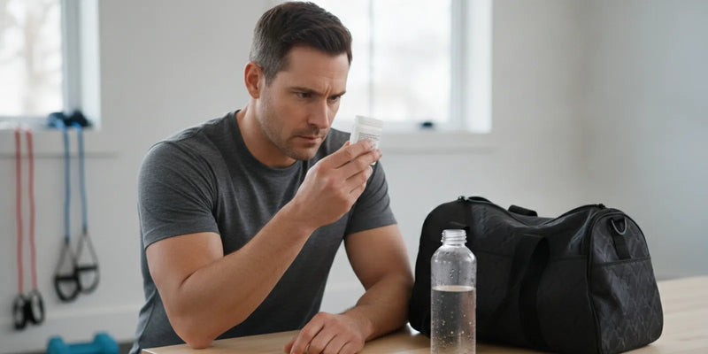 Adult reviewing a pouch product label before a workout