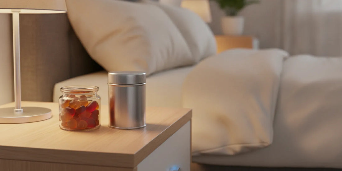 A package of oral pouches and a jar of gummies arranged on a bedside table