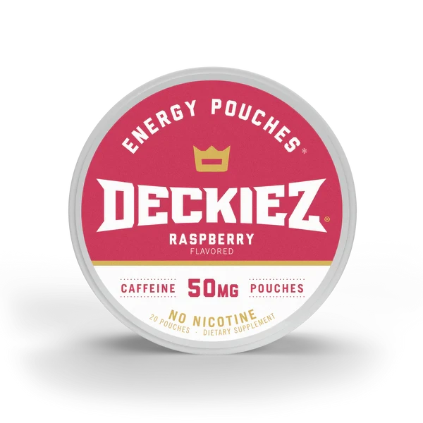 A round container of Deckiez Energy Pouches Raspberry Flavored, featuring a red and white label with a gold crown logo and text indicating 50mg caffeine and no nicotine.