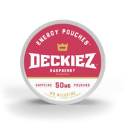 A round container of Deckiez Energy Pouches Raspberry Flavored, featuring a red and white label with a gold crown logo and text indicating 50mg caffeine and no nicotine.