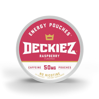 A round container of Deckiez Energy Pouches Raspberry Flavored, featuring a red and white label with a gold crown logo and text indicating 50mg caffeine and no nicotine.