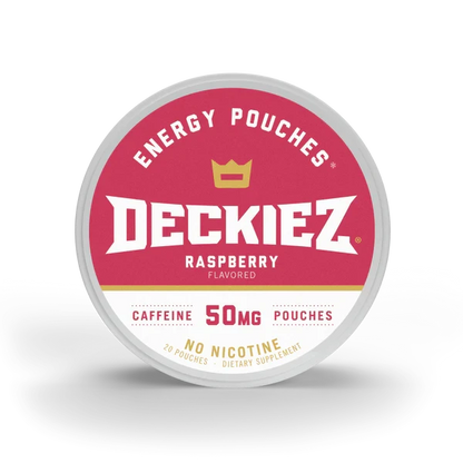 A round container of Deckiez Energy Pouches Raspberry Flavored, featuring a red and white label with a gold crown logo and text indicating 50mg caffeine and no nicotine.
