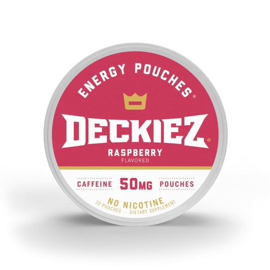 A round container of Deckiez Energy Pouches Raspberry Flavored, featuring a red and white label with a gold crown logo and text indicating 50mg caffeine and no nicotine.