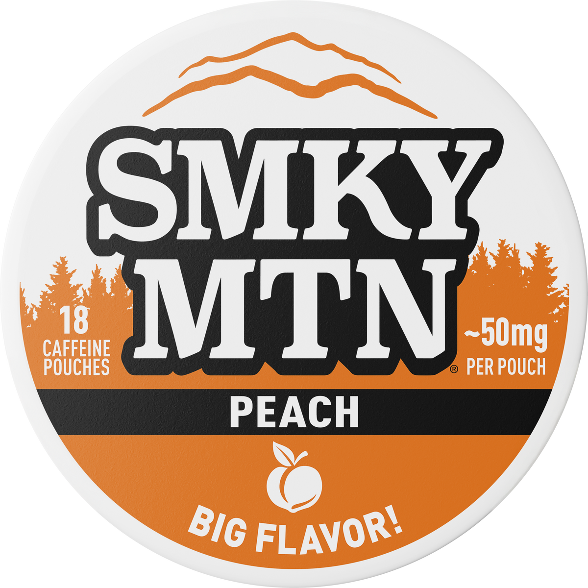 A round white and orange package label for SMKY MTN caffeine pouches, flavor Peach, with large black-and-white logo text, orange mountain and trees, and the phrase 'BIG FLAVOR!'.