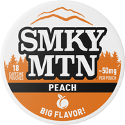 A round white and orange package label for SMKY MTN caffeine pouches, flavor Peach, with large black-and-white logo text, orange mountain and trees, and the phrase 'BIG FLAVOR!'.