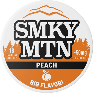 A round white and orange package label for SMKY MTN caffeine pouches, flavor Peach, with large black-and-white logo text, orange mountain and trees, and the phrase 'BIG FLAVOR!'.