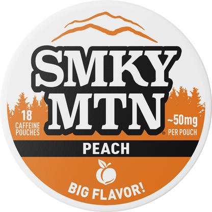 A round white and orange package label for SMKY MTN caffeine pouches, flavor Peach, with large black-and-white logo text, orange mountain and trees, and the phrase 'BIG FLAVOR!'.