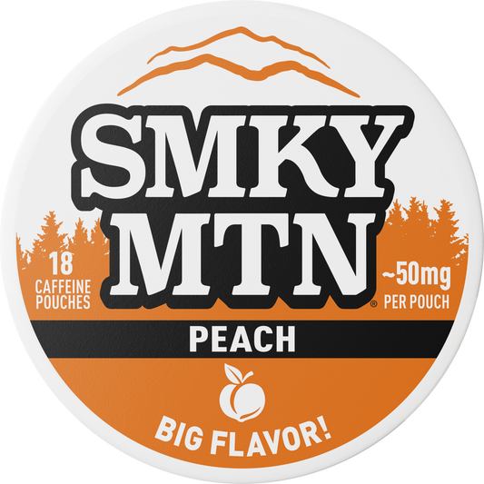 A round white and orange package label for SMKY MTN caffeine pouches, flavor Peach, with large black-and-white logo text, orange mountain and trees, and the phrase 'BIG FLAVOR!'.