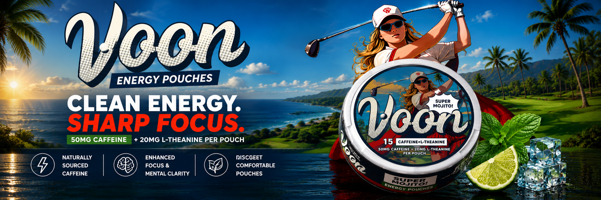 Voon Energy Pouches promotional banner featuring a golf-themed tropical beach scene, a woman holding a golf club, a large circular Voon pouch, lime slices, and text reading 'Clean Energy Sharp Focus' and '15 mg caffeine.'.